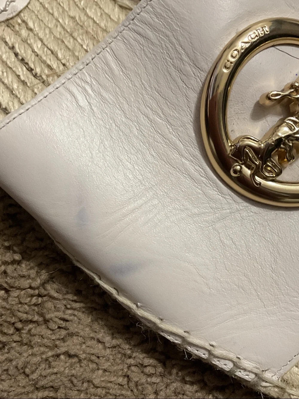 Coach White Leather Slide Sandals with Gold Coach Horse & Carriage Emblem